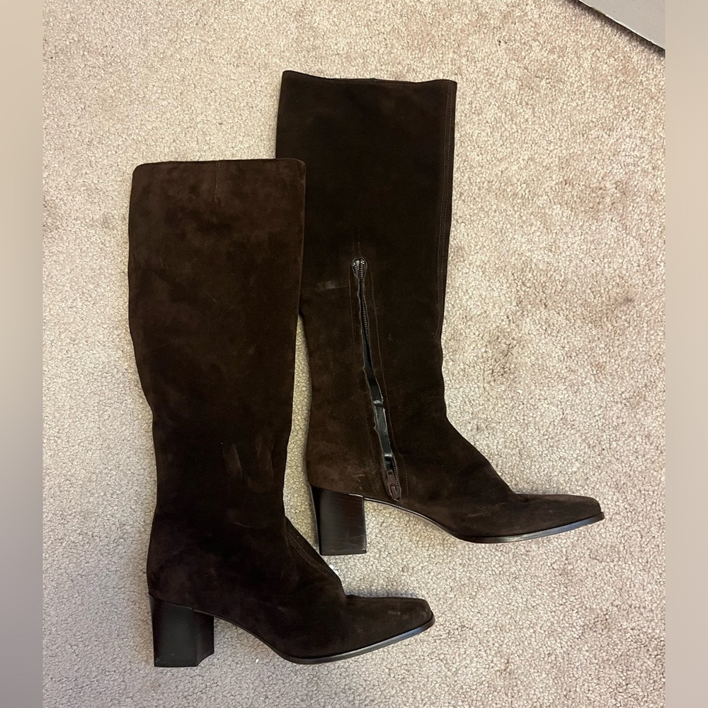 Saks Fifth Avenue Brown suede, square toe leather boots, knee high